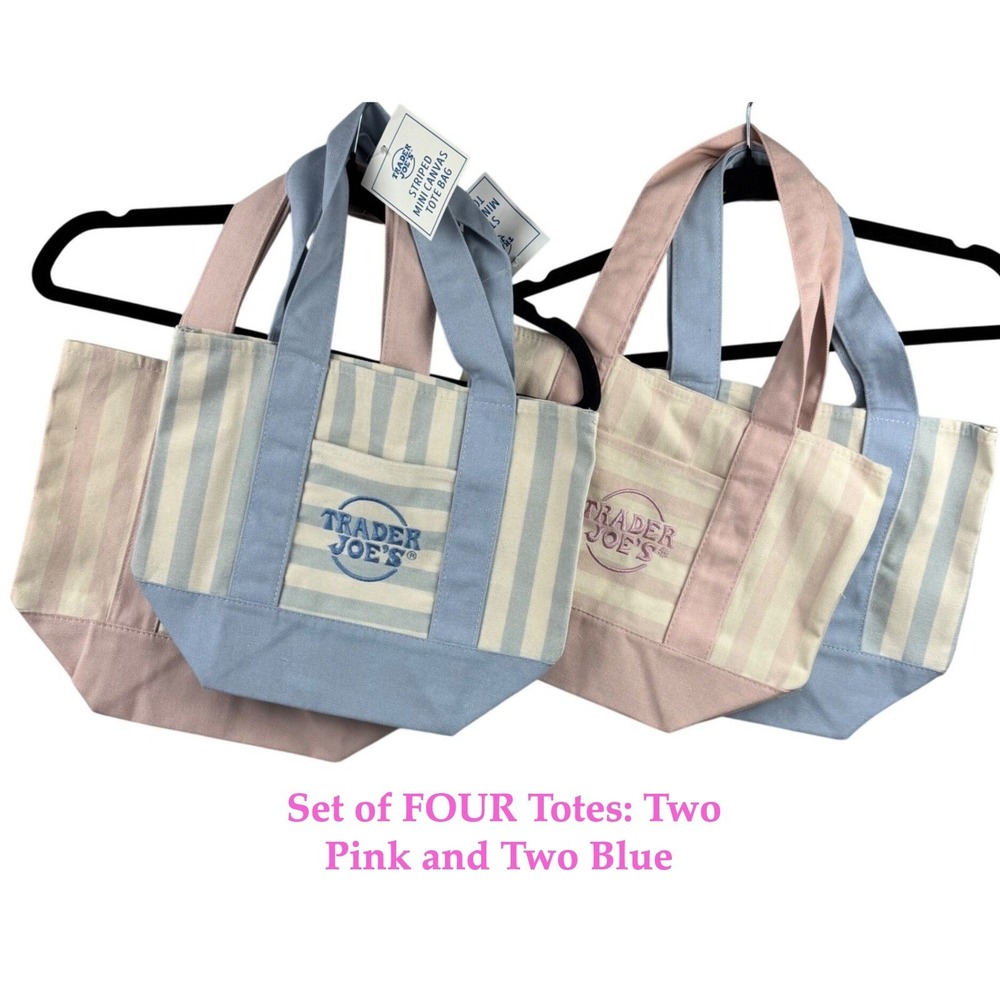 Trader Joe's Striped Mini Canvas Tote Bag Set Four Pink Blue Small‎ NWT Gift Set